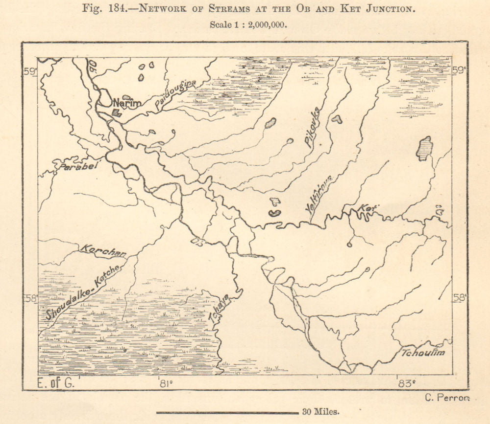 Ob & Ket river confluence. Narym, Siberia, Russia. Sketch map 1885 old